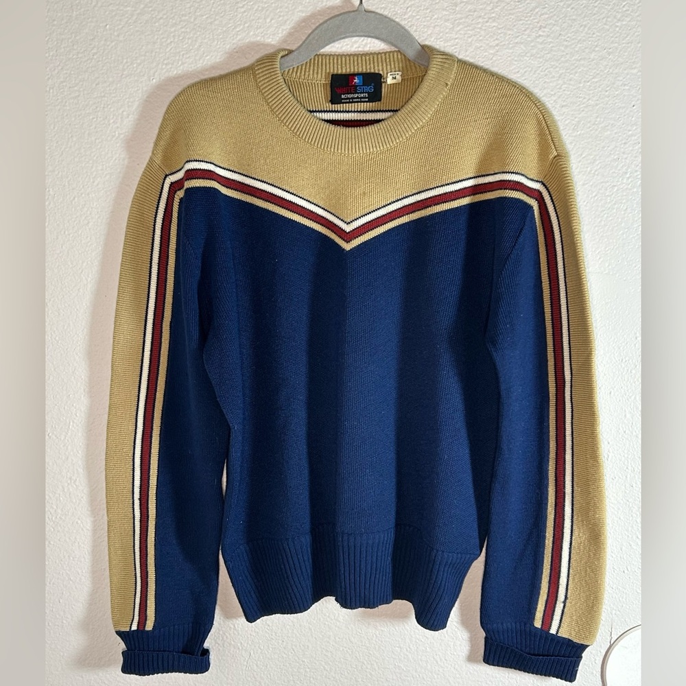 Vintage 80s 90s White Stag Ski Wool Sweater Winter Medium Navy and Tan Striped